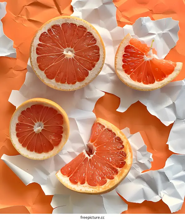 Freshly Cut Grapefruit Slices On White And Orange Paper
