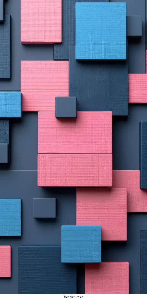 3D rendering of a geometric pattern of blue and pink squares