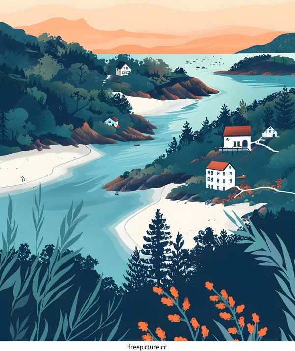 Coastal Landscape with Houses and Trees