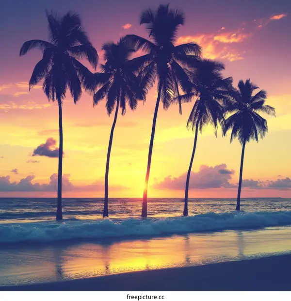 Palm trees on a tropical beach with a setting sun