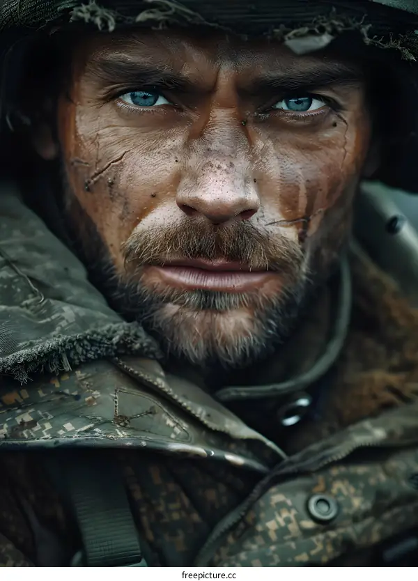 Portrait of a soldier with scars on his face