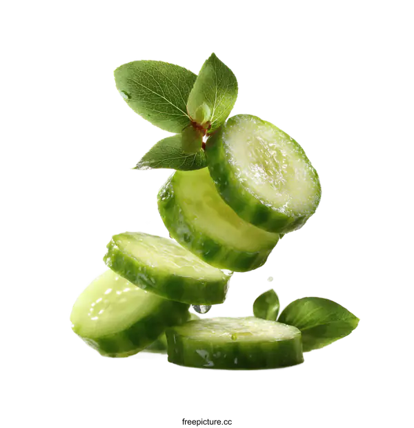 [Transparent Background PNG]Fresh Cucumber Slices in Motion