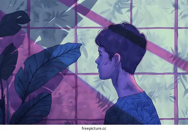 Man with Short Hair in Profile in a Room with a Window and Plants