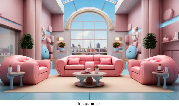 Pink Living Room with City View and Large Window
