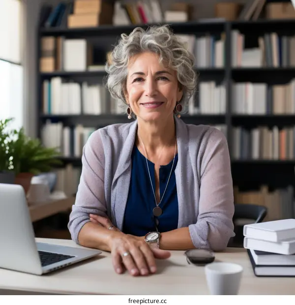 Confident senior businesswoman sitting at desk in modern office