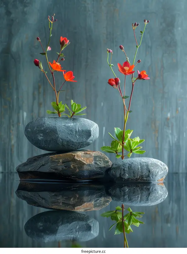Stones and red flowers