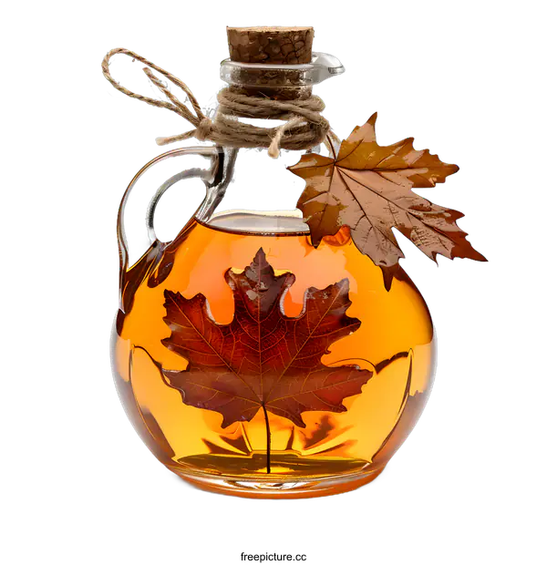 [Transparent Background PNG]Maple Syrup in Glass Bottle with Maple Leaves