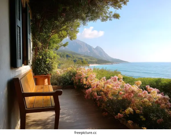 Tranquil Seaside Patio with Mountain View
