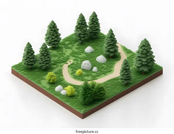 Isometric 3D Low Poly Illustration of a Green Grass Park with Trees and Rocks