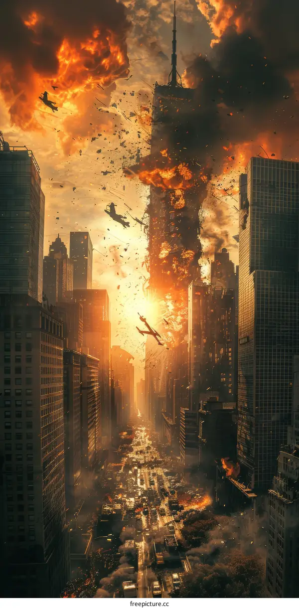 A skyscraper on fire in the middle of a city