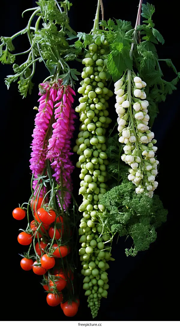 Variety of Fresh Vegetables and Flowers Hanging Against a Black Background