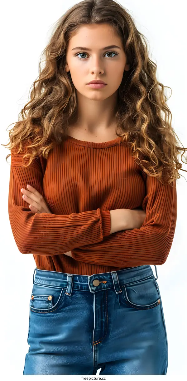 Portrait of a beautiful young woman with long brown hair wearing a brown sweater and blue jeans