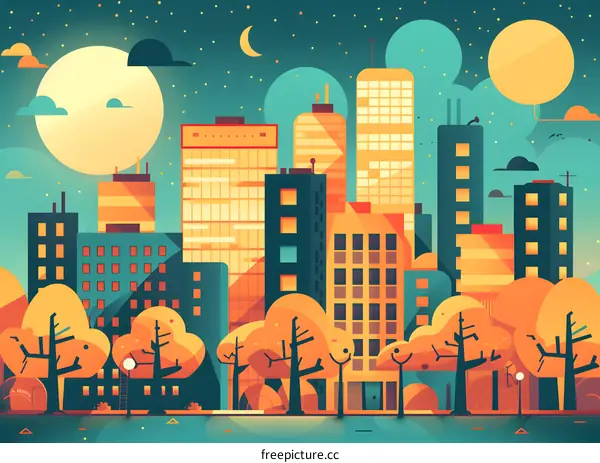 Night Cityscape with Moon and Stars