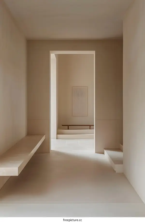 Minimalist Interior Design of a Hallway with White Walls and a Wooden Bench