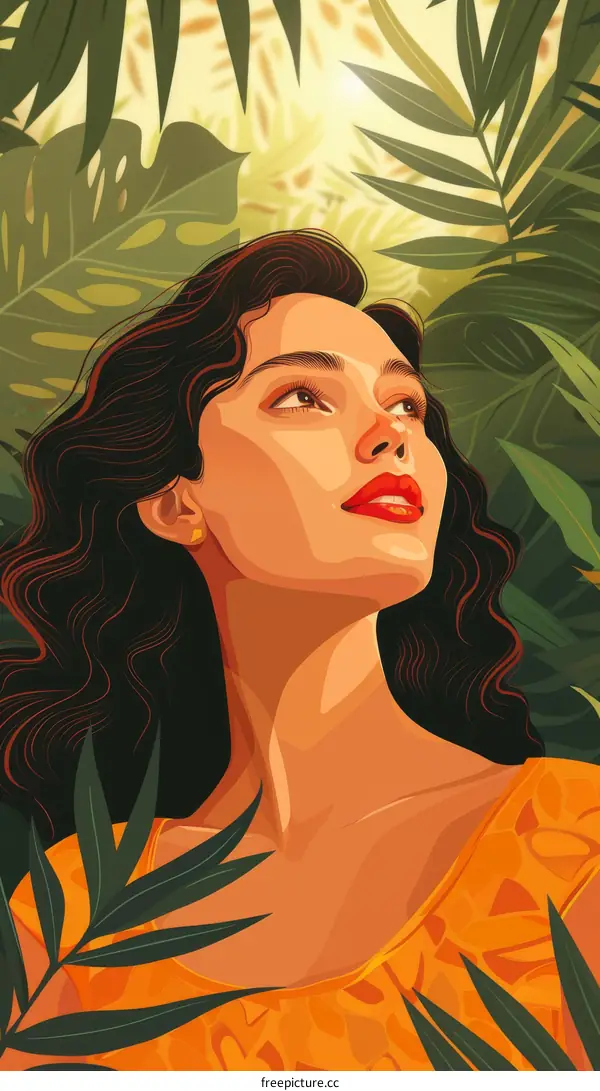 beautiful woman standing in a lush green jungle