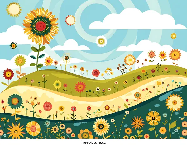 Colorful Floral Meadow Illustration With Sun