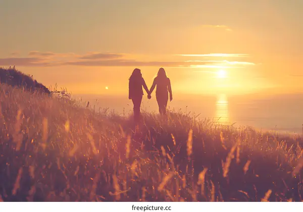 Two Women Walking Towards Sunset on the Beach