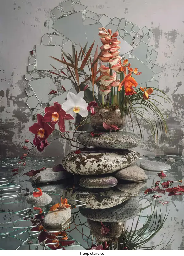 Orchid arrangement on a rock with water reflection