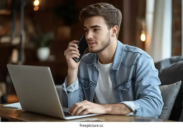 Young Man Working on Laptop and Talking on Phone