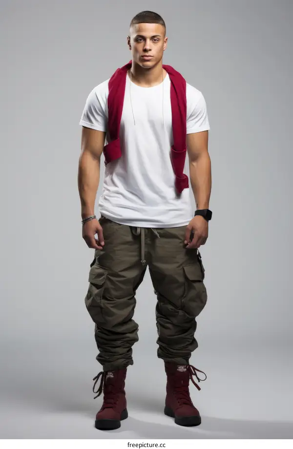 A young man wearing a white shirt and green pants is posing in front of a grey background