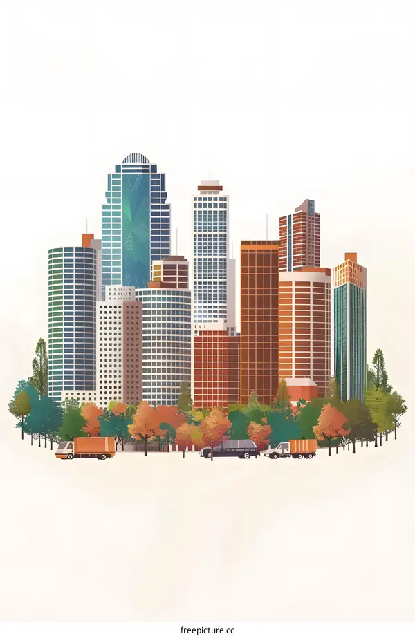 Modern City Skyline with Green Trees