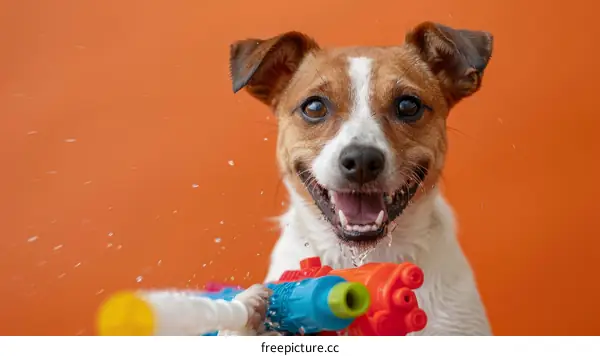 A wet dog is having fun playing with a water gun
