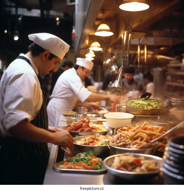 Chefs preparing food in a busy restaurant kitchen
