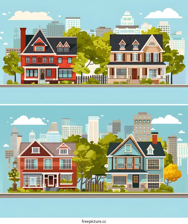 Charming Suburban Homes with City Skyline in Background