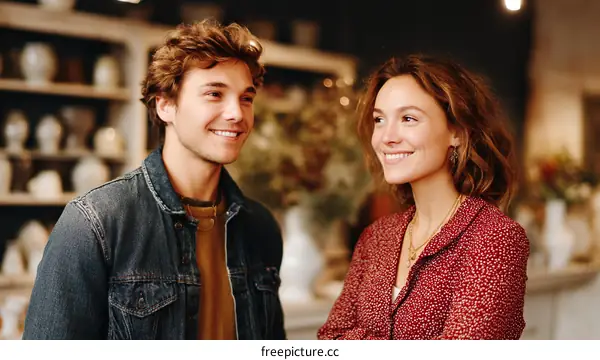 Couple Smiling in a Shop with Pottery