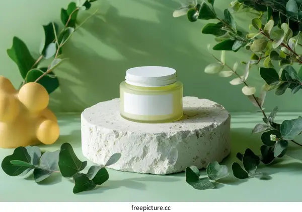 Natural Skincare Product Display with Greenery