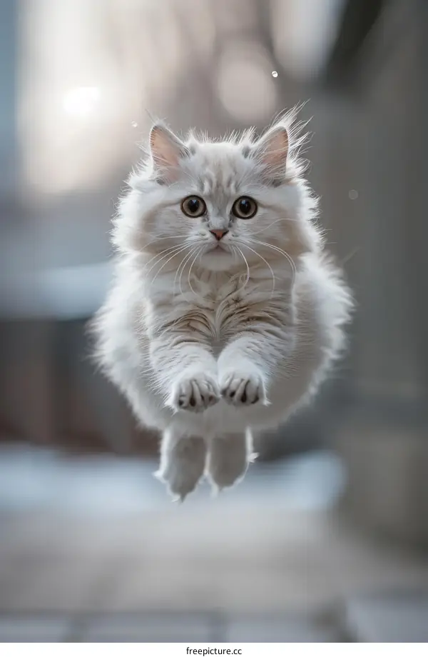 A cute white kitten is jumping in the air