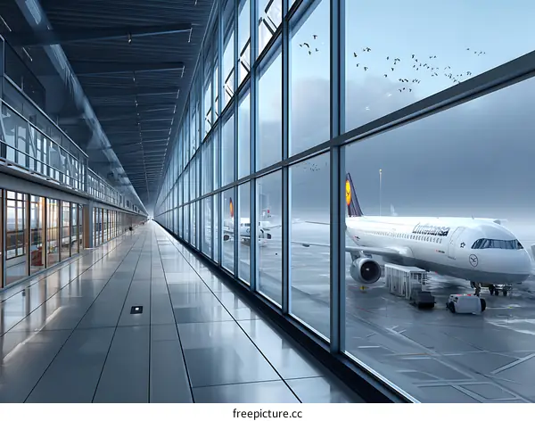 Modern Airport Corridor with Airplane Views