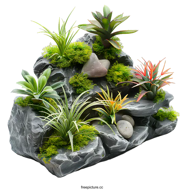 [Transparent Background PNG]Decorative Artificial Plants on Rock Formation