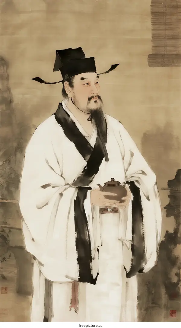 Ancient Chinese Scholar Wearing Traditional Clothing and Hat