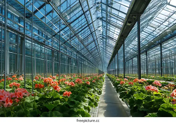 Modern Greenhouse with Geraniums