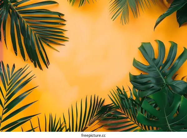Tropical Leaves Background, Yellow Background, Green Palm Leaves