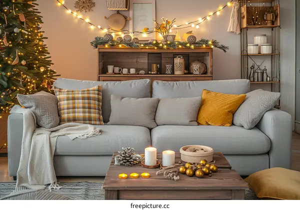 Cozy living room with Christmas tree and fairy lights