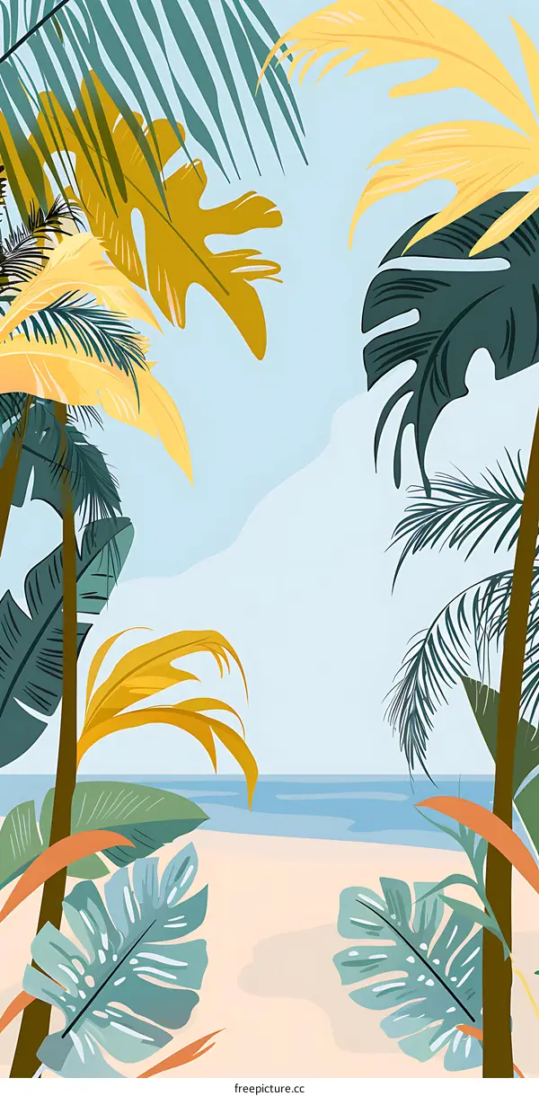 Tropical Beach Illustration with Palm Trees and Blue Sky