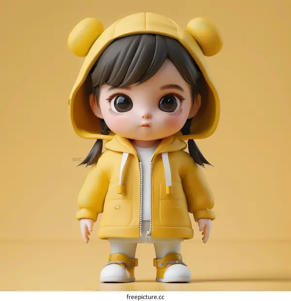 3D rendering of a cute anime girl wearing a yellow hoodie
