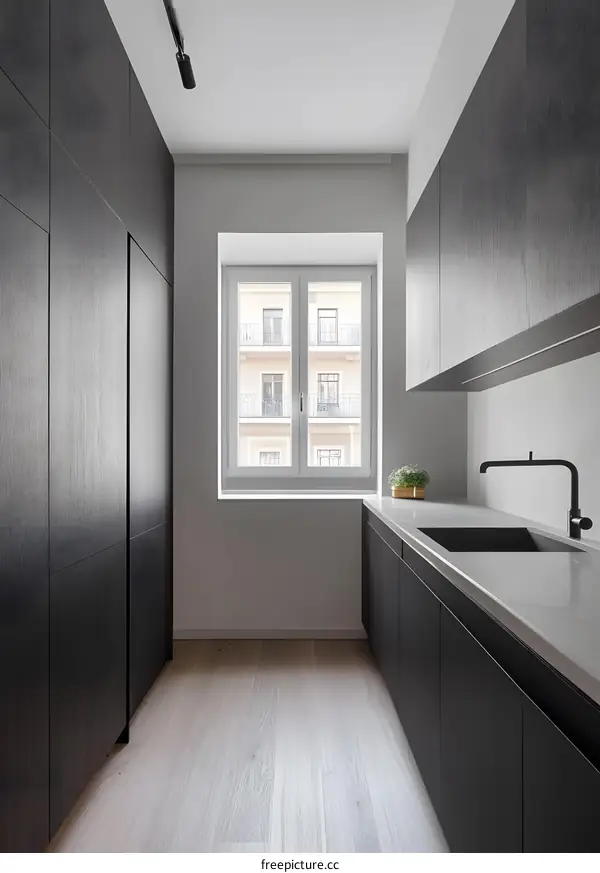 Modern Kitchen Interior With Black Cabinets and White Window
