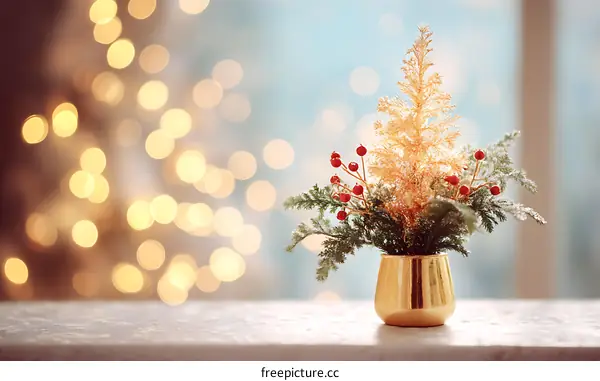 Christmas Decoration with Gold Christmas Tree and Red Berries