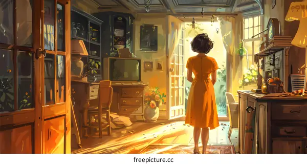 A girl standing in a room full of stuff