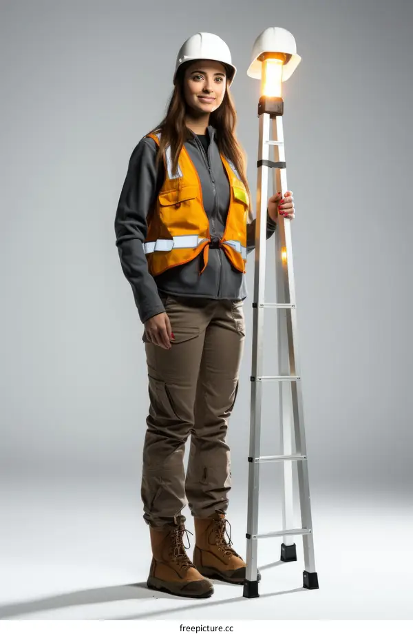 A woman in a hard hat and safety vest standing next to a ladder.