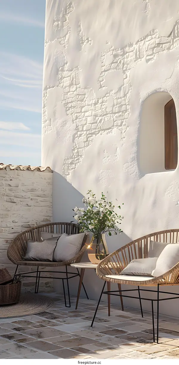 White Wall Patio With Two Wicker Chairs and a Vase of Flowers