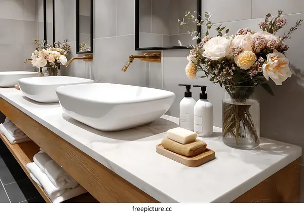 Modern Bathroom Vanity with Double Sinks and Floral Arrangement