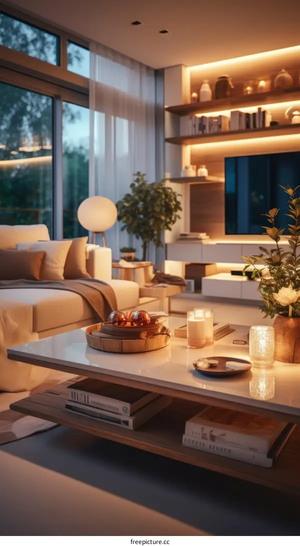 A cozy living room with a large sofa, a coffee table, a TV, and a bookshelf.