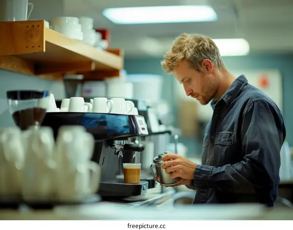 Focused barista making coffee with milk foam