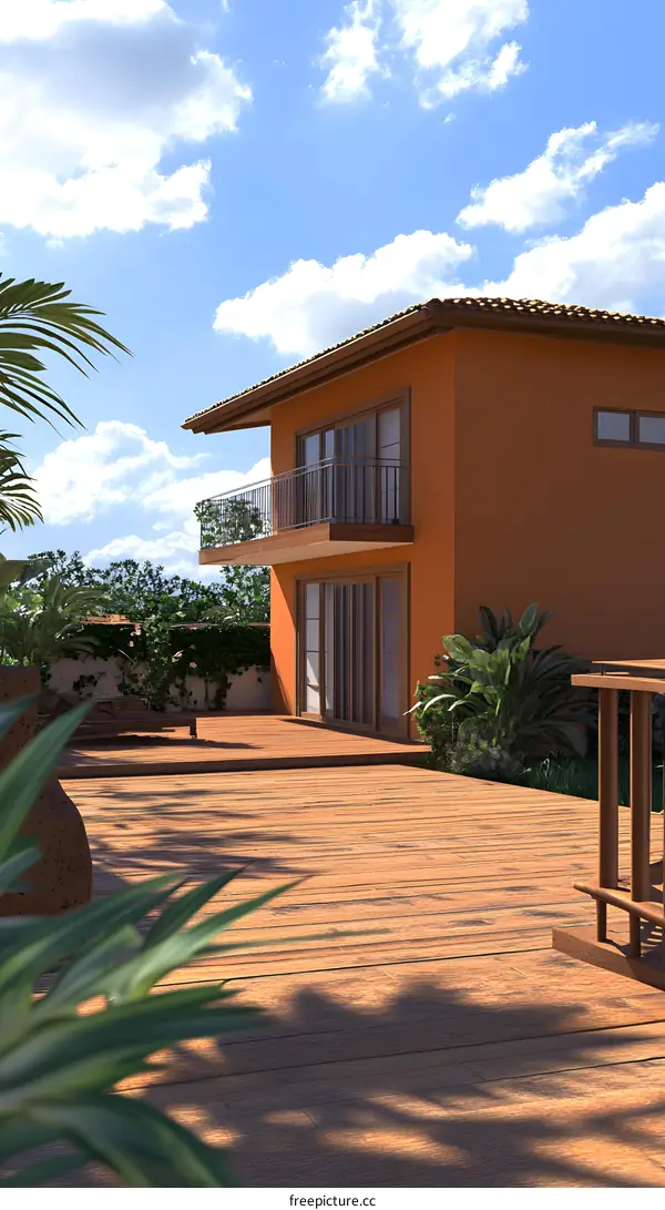 Orange House With Wooden Deck And Tropical Plants