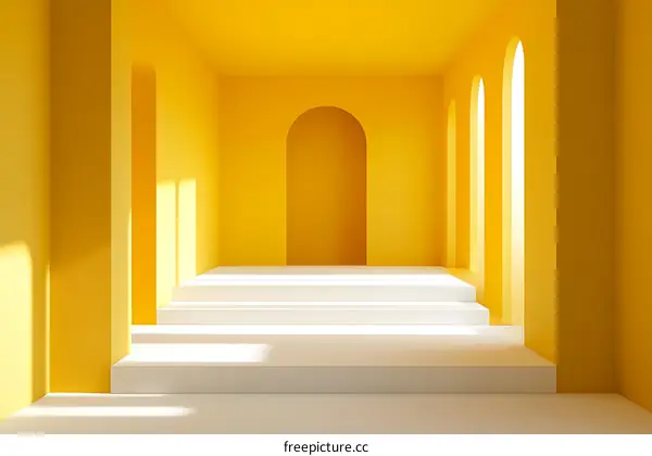 Yellow Room with White Steps and Arches