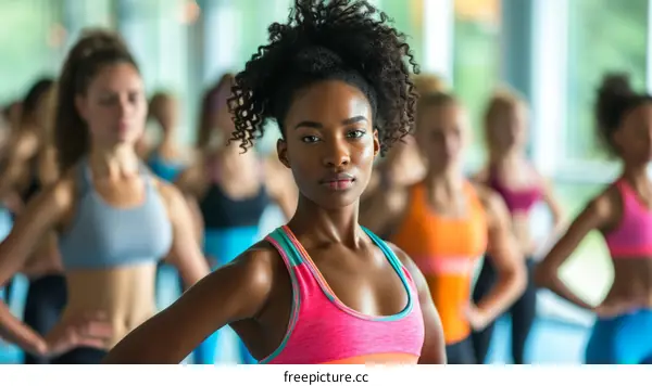 Confident black female athlete standing in front of a group of women in a fitness class